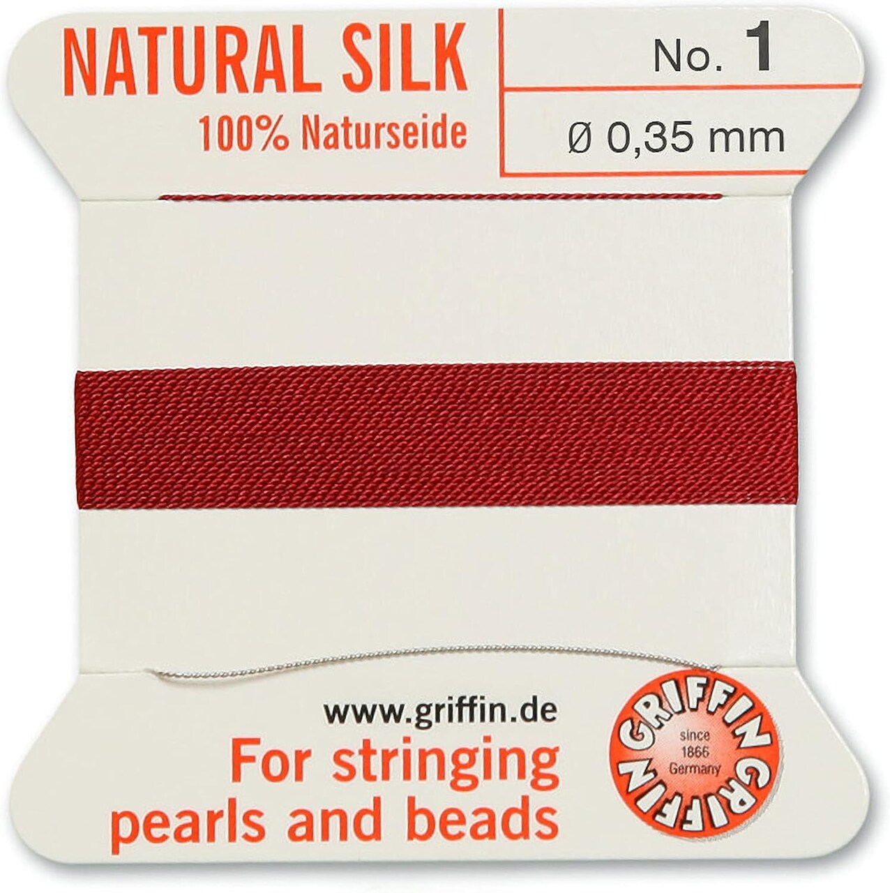 Griffin Silk Bead Cord Perlseide – Size 1 (0.35mm) – 2 Meters per Card – Stainless Steel Needle Attached – for Knotting Pearls, Gemstones, Crystals and Beads
